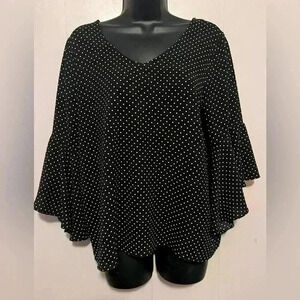 Green Envelope Black White Polka Dot 3/4 Angel Sleeves Back Tie Blouse Womens M